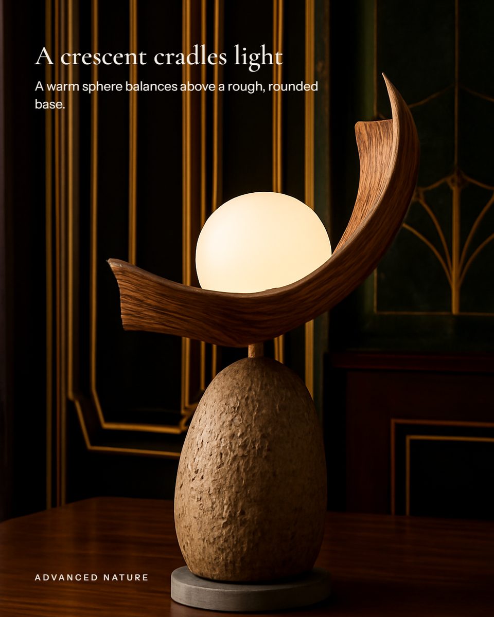 Chandralok Small lamp lit beside a dark panelled wall, with the headline Soft radiance, sculptural tension