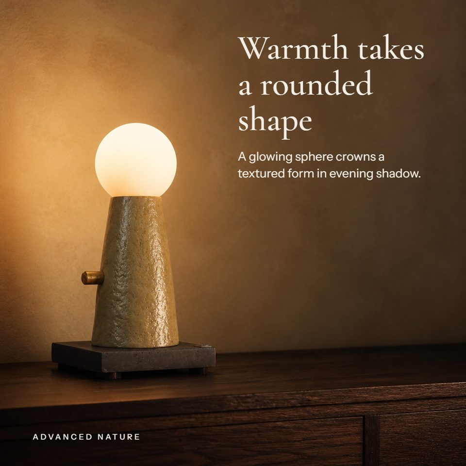 Ishan lamp glowing in evening shadow, headline Warmth takes a rounded shape