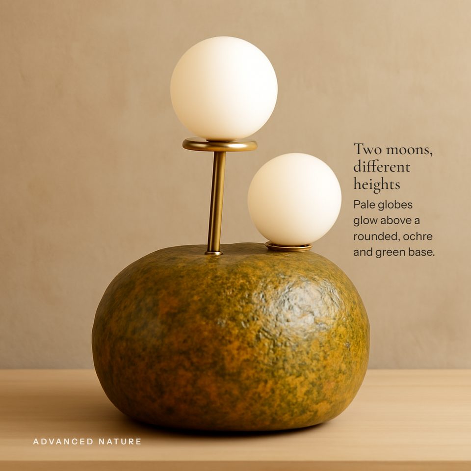 Cairn lamp with two glowing spheres on a mottled green base, headline Two moons, different heights