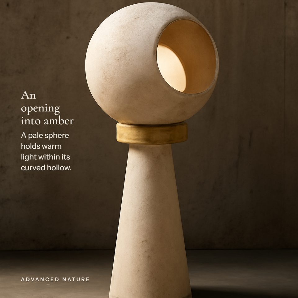 Disha, a pale sculpture with a hollow holding a warm sphere, headline An opening into amber