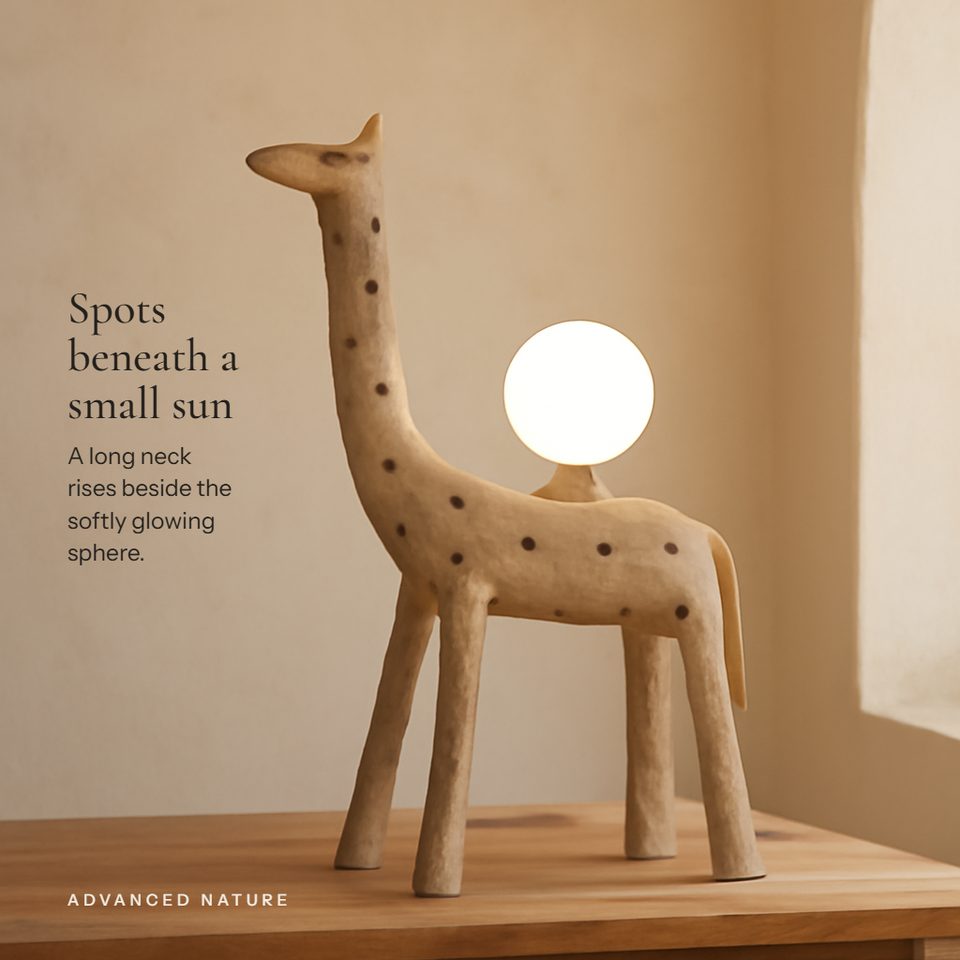 Camel, a spotted giraffe lamp with a glowing globe, headline Spots beneath a small sun